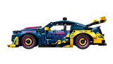 Side profile of the LEGO Technic Custom Garage Ford Mustang GT Car 42236 with blue, pink and yellow bodywork