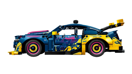 Side profile of the LEGO Technic Custom Garage Ford Mustang GT Car 42236 with blue, pink and yellow bodywork