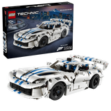 LEGO Technic Dodge Viper GTS-R Sports Car 42234 box beside the completed white and blue car model 
