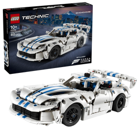 LEGO Technic Dodge Viper GTS-R Sports Car 42234 box beside the completed white and blue car model 