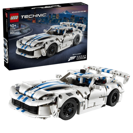 LEGO Technic Dodge Viper GTS-R Sports Car 42234 box beside the completed white and blue car model 