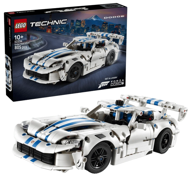 LEGO Technic Dodge Viper GTS-R Sports Car 42234 box beside the completed white and blue car model 