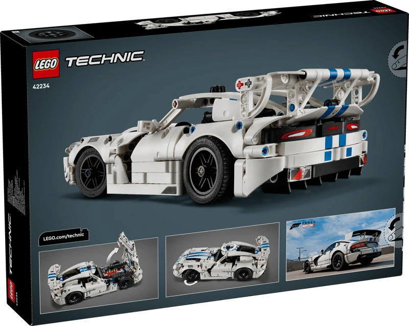 Back of the LEGO Technic Dodge Viper GTS-R Sports Car 42234 box showing the completed model and feature images