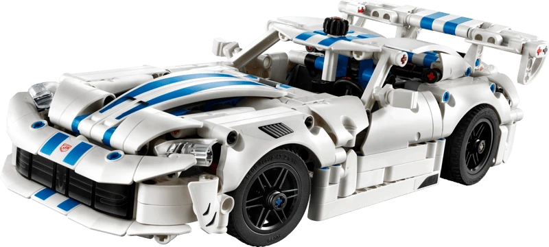 Front three quarter view of the white LEGO Technic Dodge Viper GTS-R Sports Car 42234 with blue racing stripes