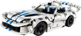 Front three quarter view of the white LEGO Technic Dodge Viper GTS-R Sports Car 42234 with blue racing stripes