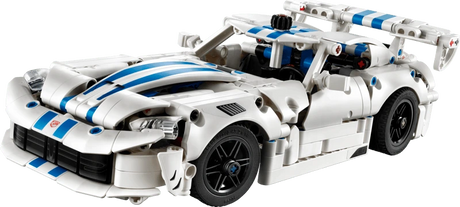 Front three quarter view of the white LEGO Technic Dodge Viper GTS-R Sports Car 42234 with blue racing stripes