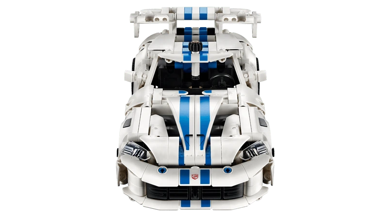 Front view of the LEGO Technic Dodge Viper GTS-R Sports Car 42234 showing the bonnet stripes, headlights and rear spoiler