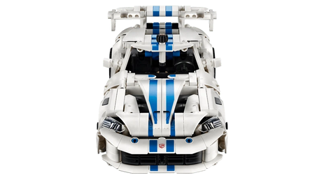 Front view of the LEGO Technic Dodge Viper GTS-R Sports Car 42234 showing the bonnet stripes, headlights and rear spoiler