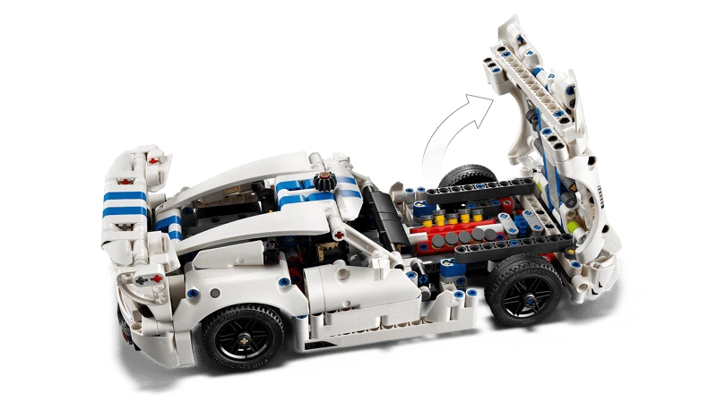 LEGO Technic Dodge Viper GTS-R Sports Car 42234 with the bonnet raised to show the red, blue and yellow engine details