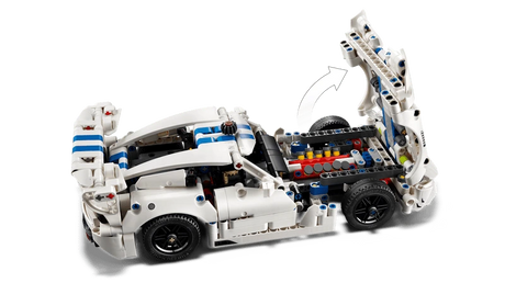 LEGO Technic Dodge Viper GTS-R Sports Car 42234 with the bonnet raised to show the red, blue and yellow engine details