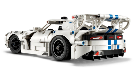 Rear three quarter view of the LEGO Technic Dodge Viper GTS-R Sports Car 42234 showing the spoiler and rear lights