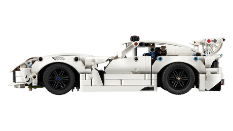 Side profile of the LEGO Technic Dodge Viper GTS-R Sports Car 42234 with black wheels and a large rear spoiler