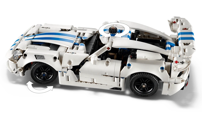 LEGO Technic Dodge Viper GTS-R Sports Car 42234 with arrows showing the front wheel turning and a close-up of the steering wheel