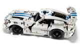 LEGO Technic Dodge Viper GTS-R Sports Car 42234 with arrows showing the front wheel turning and a close-up of the steering wheel