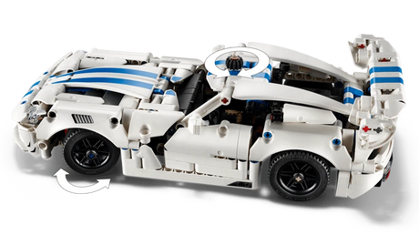 LEGO Technic Dodge Viper GTS-R Sports Car 42234 with arrows showing the front wheel turning and a close-up of the steering wheel