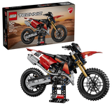LEGO Technic Ducati Desmo450 MX Factory Motorcycle 42238 box beside the completed motorcycle model 