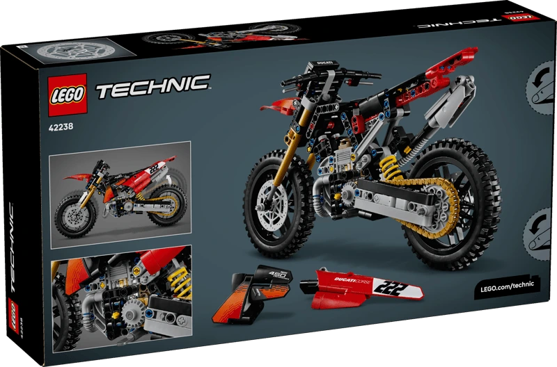 Back of the LEGO Technic Ducati Desmo450 MX Factory Motorcycle 42238 box showing the completed motorcycle and feature images