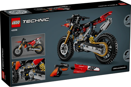Back of the LEGO Technic Ducati Desmo450 MX Factory Motorcycle 42238 box showing the completed motorcycle and feature images