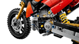 Close-up of the LEGO Technic Ducati Desmo450 MX Factory Motorcycle 42238 engine, front wheel and yellow rear suspension spring
