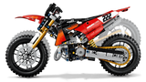 Side view of the LEGO Technic Ducati Desmo450 MX Factory Motorcycle 42238 with arrows beside the front and rear wheels