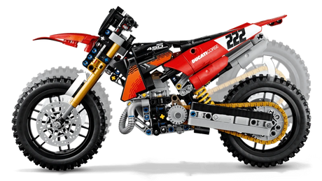Side view of the LEGO Technic Ducati Desmo450 MX Factory Motorcycle 42238 with arrows beside the front and rear wheels