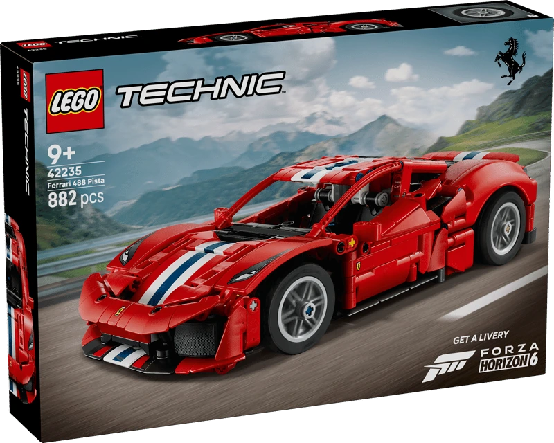 Front of the LEGO Technic Ferrari 488 Pista Car 42235 box showing the red car model