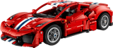 Front three quarter view of the LEGO Technic Ferrari 488 Pista Car 42235 with grey wheels and white and blue stripes