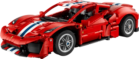 Front three quarter view of the LEGO Technic Ferrari 488 Pista Car 42235 with grey wheels and white and blue stripes