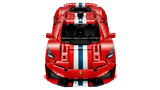 Front view of the red LEGO Technic Ferrari 488 Pista Car 42235 with white and blue bonnet stripes