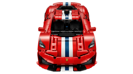 Front view of the red LEGO Technic Ferrari 488 Pista Car 42235 with white and blue bonnet stripes