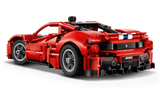 Front three quarter view of the LEGO Technic Ferrari 488 Pista Car 42235 with grey wheels and white and blue stripes