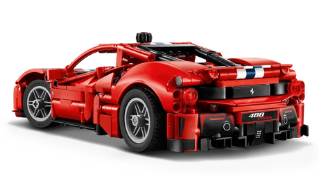 Front three quarter view of the LEGO Technic Ferrari 488 Pista Car 42235 with grey wheels and white and blue stripes