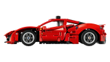 Side profile of the red LEGO Technic Ferrari 488 Pista Car 42235 with grey wheels and a black lower body section