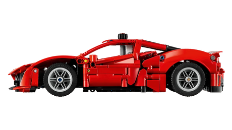Side profile of the red LEGO Technic Ferrari 488 Pista Car 42235 with grey wheels and a black lower body section