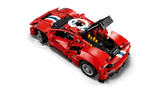 LEGO Technic Ferrari 488 Pista Car 42235 viewed from above with raised body panels and arrows showing wheel movement and the top control