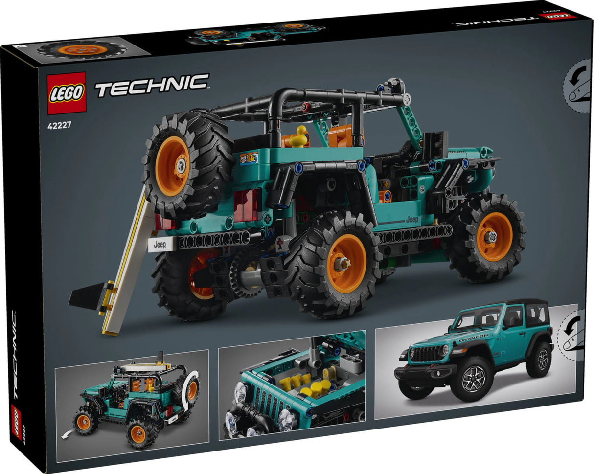 LEGO Technic Jeep Wrangler Rubicon SUV 42227 retail box back showing rear view of model, suspension detail, opening hood feature and comparison image of real Jeep Wrangler Rubicon