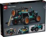 LEGO Technic Jeep Wrangler Rubicon SUV 42227 retail box back showing rear view of model, suspension detail, opening hood feature and comparison image of real Jeep Wrangler Rubicon