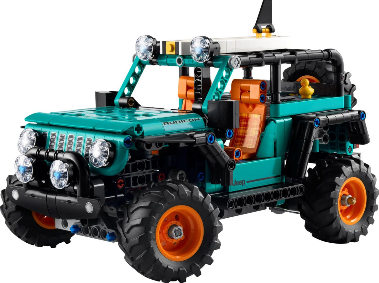 LEGO Technic Jeep Wrangler Rubicon SUV 42227 with teal body, orange wheels, front bumper lights, roof lights, spare tyre and open side structure