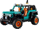 LEGO Technic Jeep Wrangler Rubicon SUV 42227 with teal body, orange wheels, front bumper lights, roof lights, spare tyre and open side structure