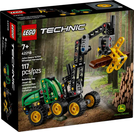 Front of the LEGO Technic John Deere 1470H Wheeled Harvester retail box, showing the completed harvester model, John Deere branding, and set number 42218.