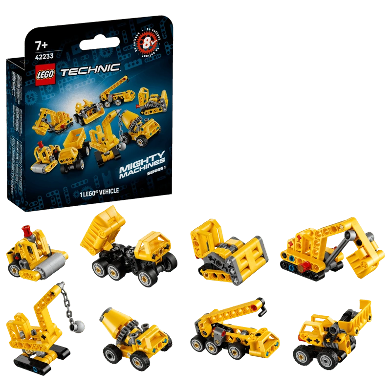LEGO Technic Mighty Machines 42233 mystery box beside the eight possible construction vehicle builds