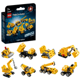 LEGO Technic Mighty Machines 42233 mystery box beside the eight possible construction vehicle builds