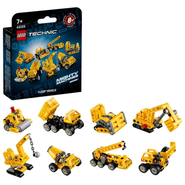 LEGO Technic Mighty Machines 42233 mystery box beside the eight possible construction vehicle builds