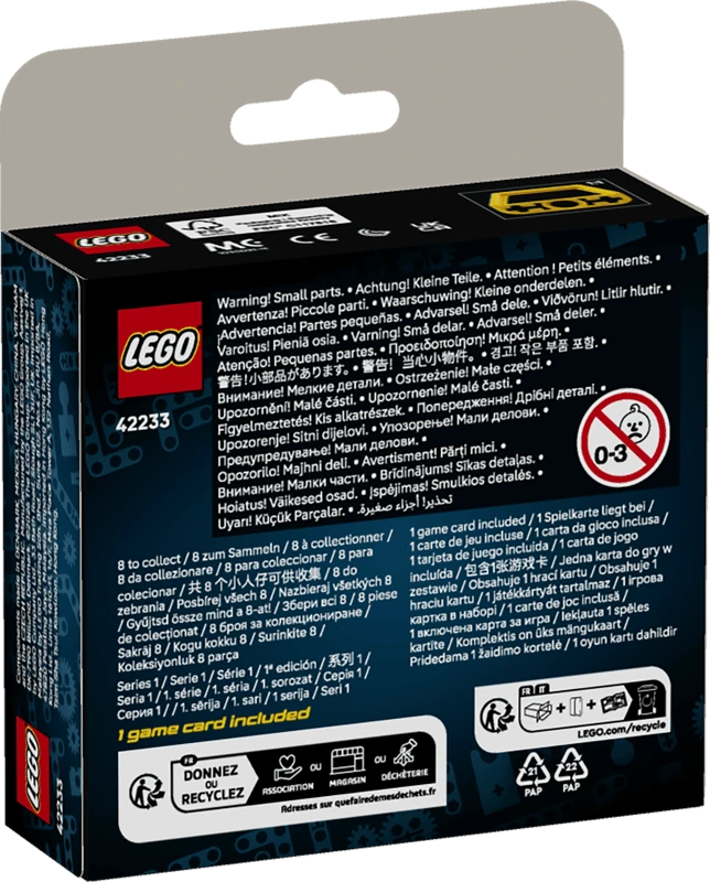 Back of the LEGO Technic Mighty Machines 42233 mystery box with product information and safety markings