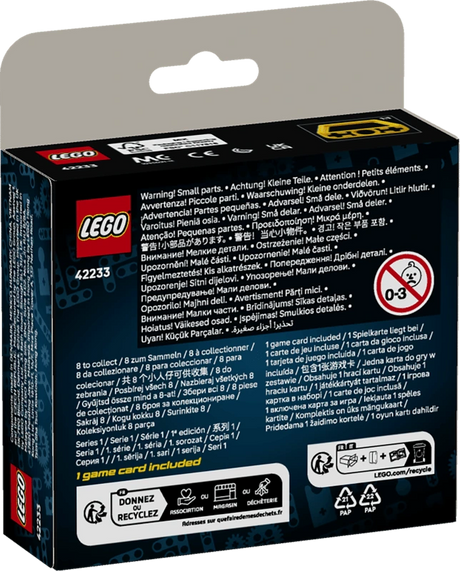 Back of the LEGO Technic Mighty Machines 42233 mystery box with product information and safety markings