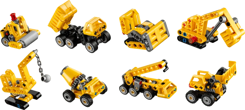 LEGO Technic Mighty Machines 42233 assortment showing eight yellow construction vehicle designs