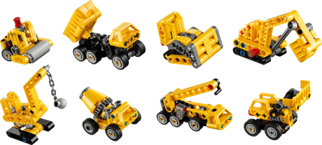 LEGO Technic Mighty Machines 42233 assortment showing eight yellow construction vehicle designs