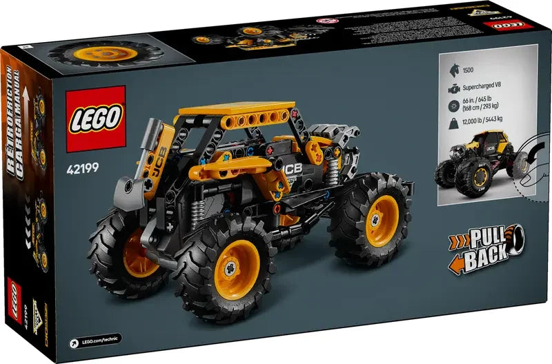 Back of LEGO Technic Monster Jam DIGatron pull-back truck box showing build details and monster truck features in Ireland.
