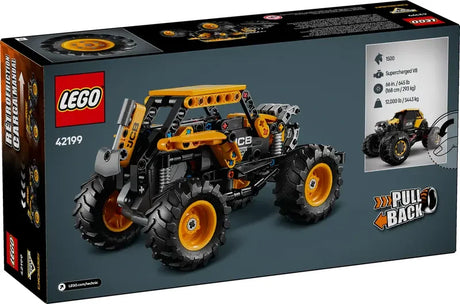 Back of LEGO Technic Monster Jam DIGatron pull-back truck box showing build details and monster truck features in Ireland.