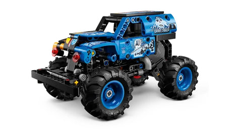 LEGO Technic Monster Jam Grave Digger Fire and Ice monster truck shown from a rear angled view highlighting the ice themed body and blue wheel rims on a white background